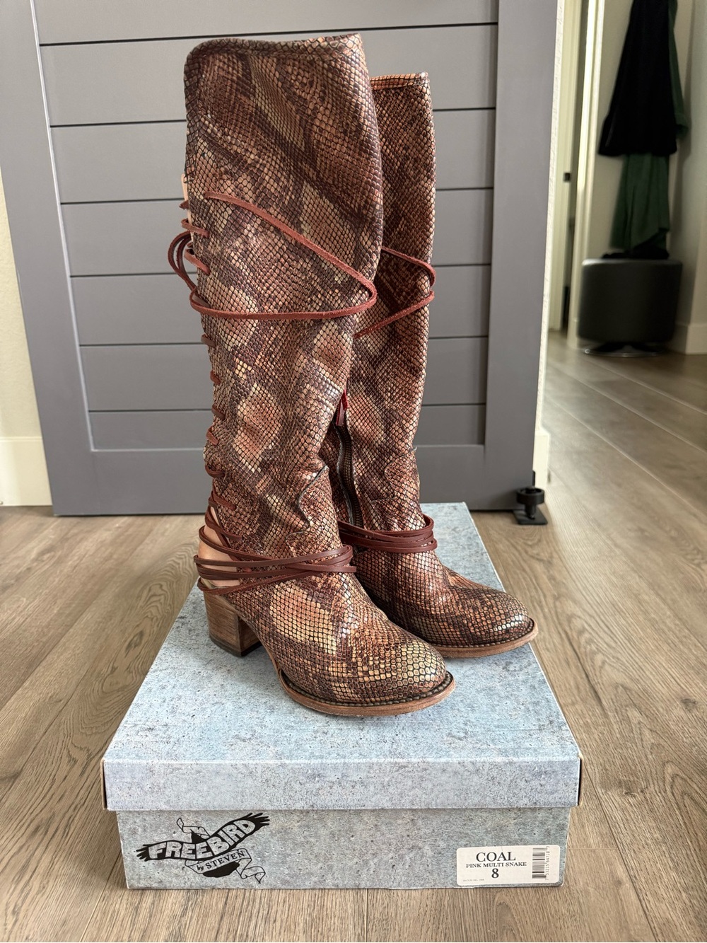 freebird Brown Pink Multi Snake Lace-Up Knee Boots - Picture 2 of 6